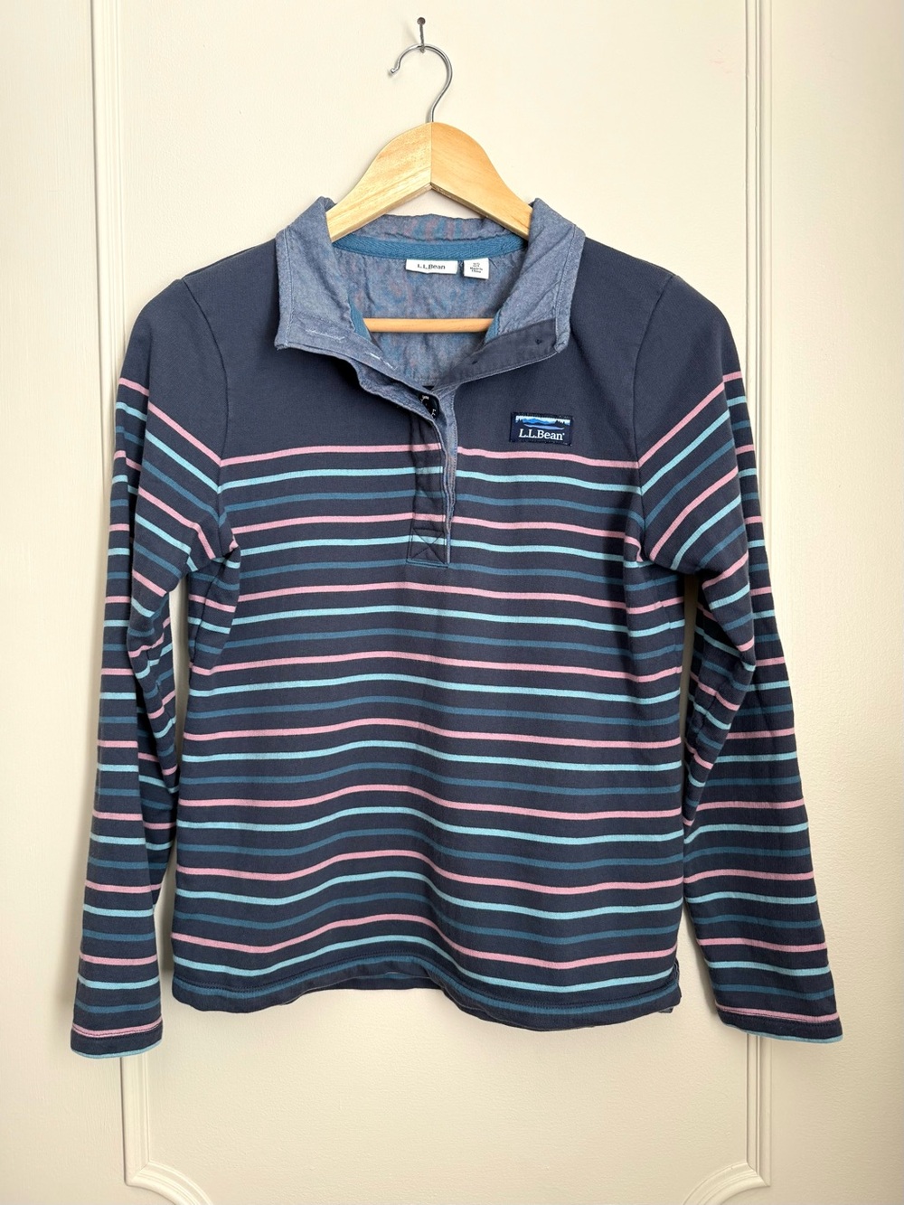 L.L. Bean Women’s Navy Striped Shirt with Buttoned collar